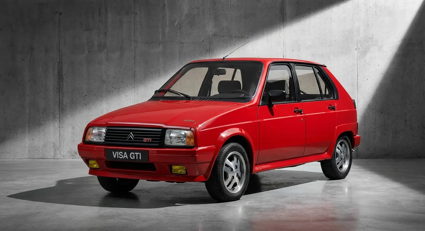 Citroën Visa GTI : histoire, fiche technique et cote en 2024 Vue frontale emblématique et contrastée d'une Citroën Visa GTI, prête à l'action, sur fond minimaliste.