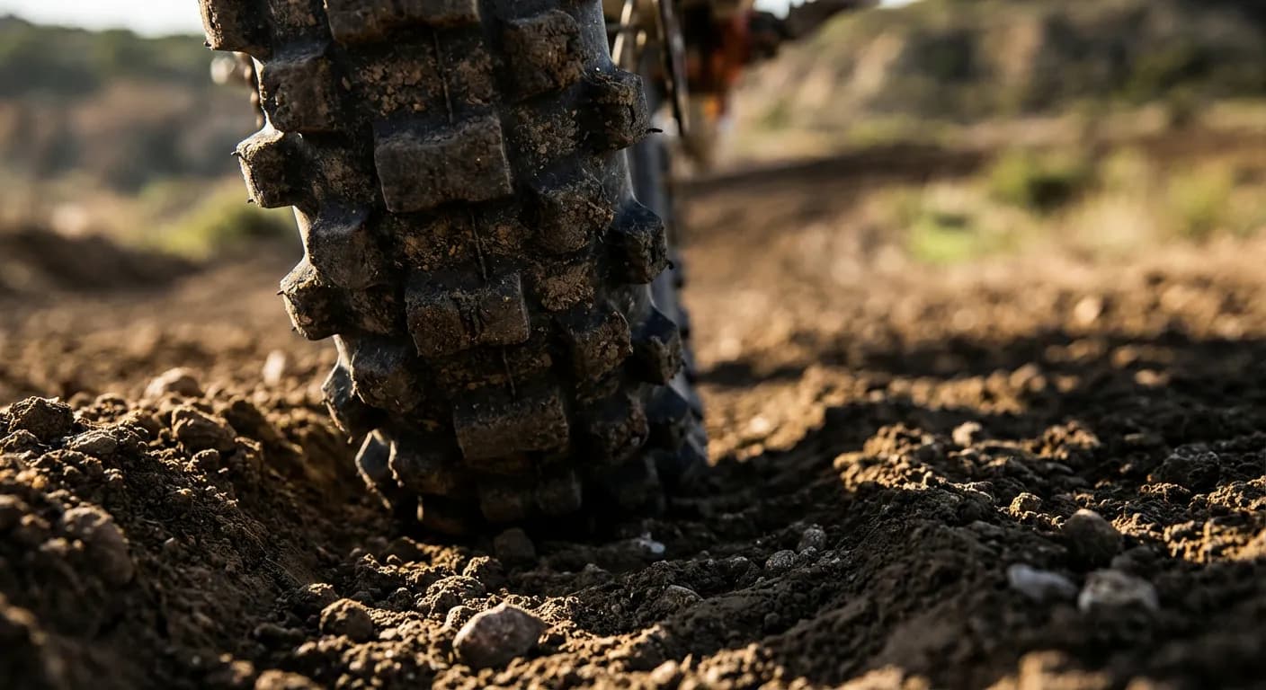 Rouler en moto cross dans les chemins : que dit la loi ? Gros plan sur un pneu de moto cross sur un chemin, symbolisant la question de la légalité.
