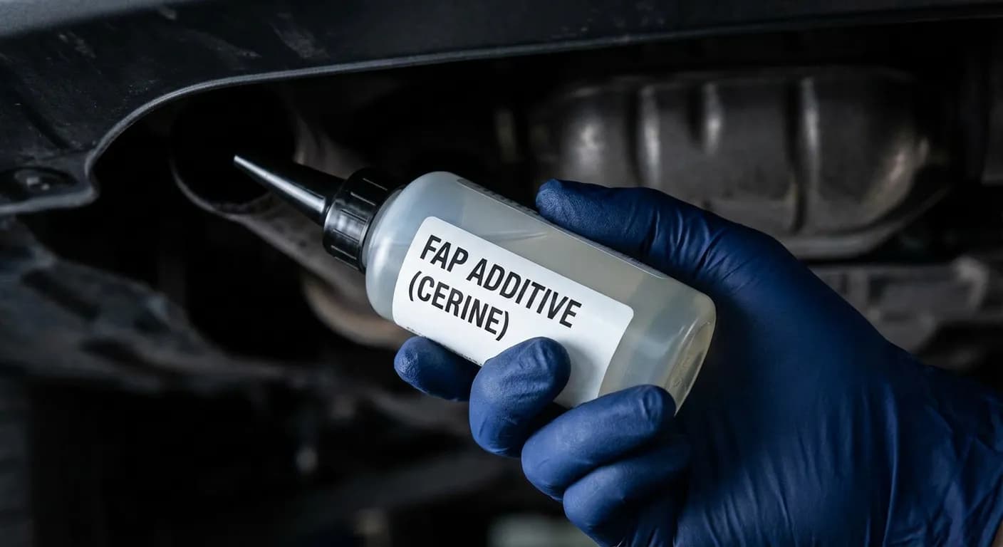 Niveau additif FAP trop faible 308 : Solutions et Prix Main gantée d'un mécanicien tenant une bouteille d'additif FAP, image minimaliste et contrastée.